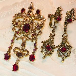 St Johns Red Rhinestone Pearl Brooch Vintage Victorian Revival Ornate Pin